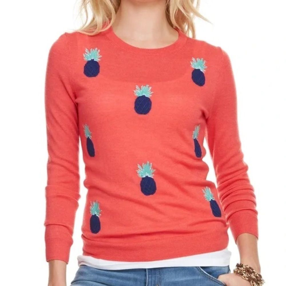 Vineyard Vines Merino Wool Red Pineapple Print Long Sleeve Scoop Neck Sweater